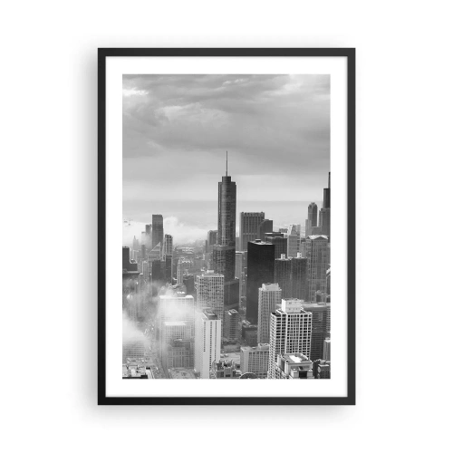Plagát v čiernom ráme - Čiernobiely pohľad na panorámu mesta s mrakodrapmi v oblakoch - 50x70cm - Americká krajina - Moderná nástenná dekorácia do obývacej izby a spálne ARTTOR