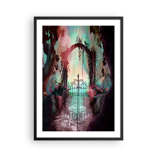 Plagát v čiernom ráme - Tajomná brána v lese s farebným pozadím - 50x70cm - Tajná záhrada - Moderná nástenná dekorácia do obývacej izby a spálne ARTTOR