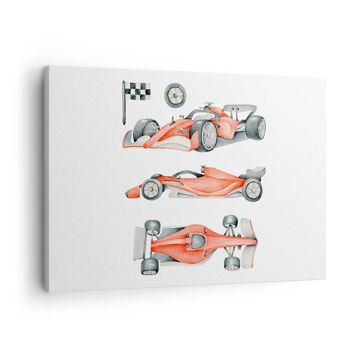Obraz na plátne - Červené pretekárske auto s kockovanou vlajkou - 70x50cm - Dobehnúť sen - Moderná nástenná dekorácia do obývacej izby a spálne ARTTOR