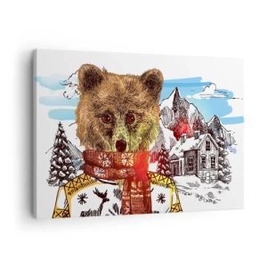 Obraz na plátne - Medveď v svetri a šatke s horským domom v pozadí - 70x50cm - Chata medvedíka - Moderná nástenná dekorácia do obývacej izby a spálne ARTTOR