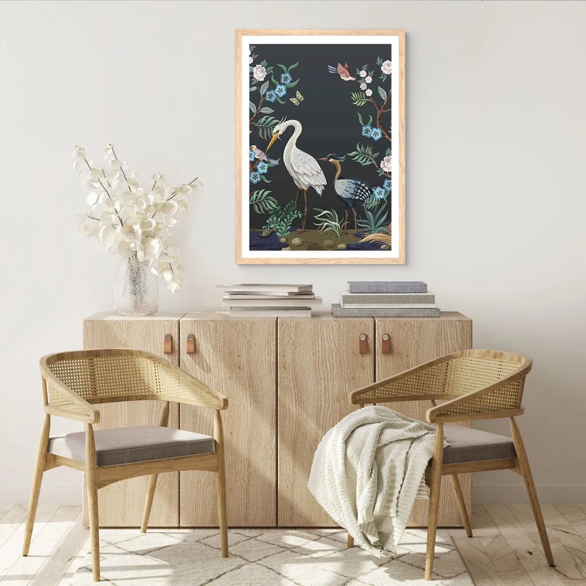 Plagát v ráme zo svetlého duba - Vtáčí sprievod - 61x91 cm