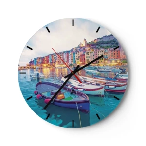 Nástenné hodiny - Farebný prímorský prístav s loďkami pri západe slnka - 30x30cm - Farebný večer v prístave - Moderná nástenná dekorácia do obývacej izby, kuchyne a spálne ARTTOR