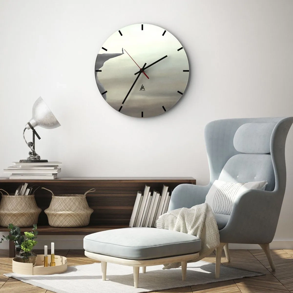 Nástenné hodiny - Postava stojaca na okraji útesu v minimalistickej krajine - 30x30cm - Hore, samozrejme! - Moderná nástenná dekorácia do obývacej izby, kuchyne a spálne ARTTOR