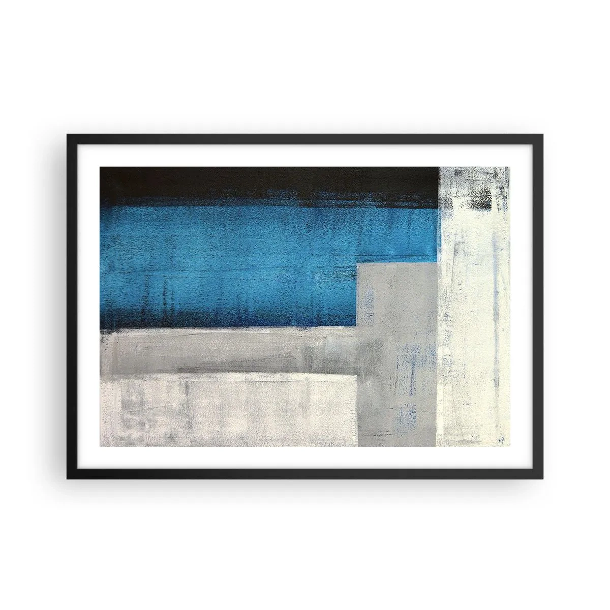 Plagát v čiernom ráme - Poetická kompozícia šedej a modrej - 70x50 cm