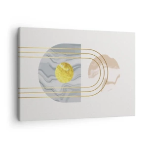Obraz na plátne - Abstraktná kompozícia s kruhmi a zlatými čiarami na svetlom pozadí. - 70x50cm - Jas a žiarivosť - Moderná nástenná dekorácia do obývacej izby a spálne ARTTOR