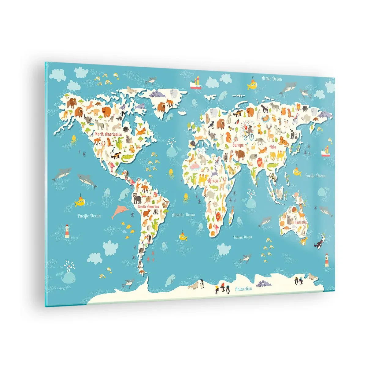 Obraz na skle - Farebná mapa sveta s motívmi zvierat a oceánu - 70x50cm - Milujeme celý svet - Moderná nástenná dekorácia do obývacej izby a spálne ARTTOR
