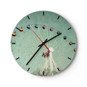 Nástenné hodiny - Farebné ruské koleso na tyrkysovom pozadí - 30x30cm - Pozývame vás na zábavu - Moderná nástenná dekorácia do obývacej izby, kuchyne a spálne ARTTOR