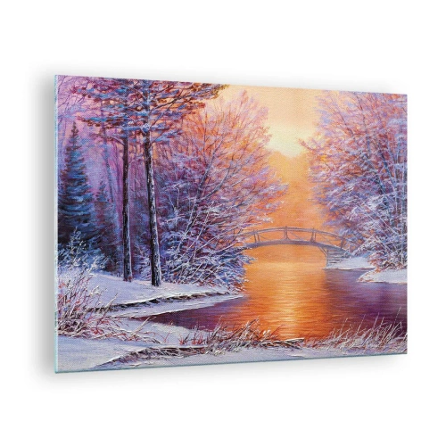 Obraz na skle - Zimná krajina s mostom a zasneženými stromami pri západe slnka - 70x50cm - Stretneme sa tu - Moderná nástenná dekorácia do obývacej izby a spálne ARTTOR