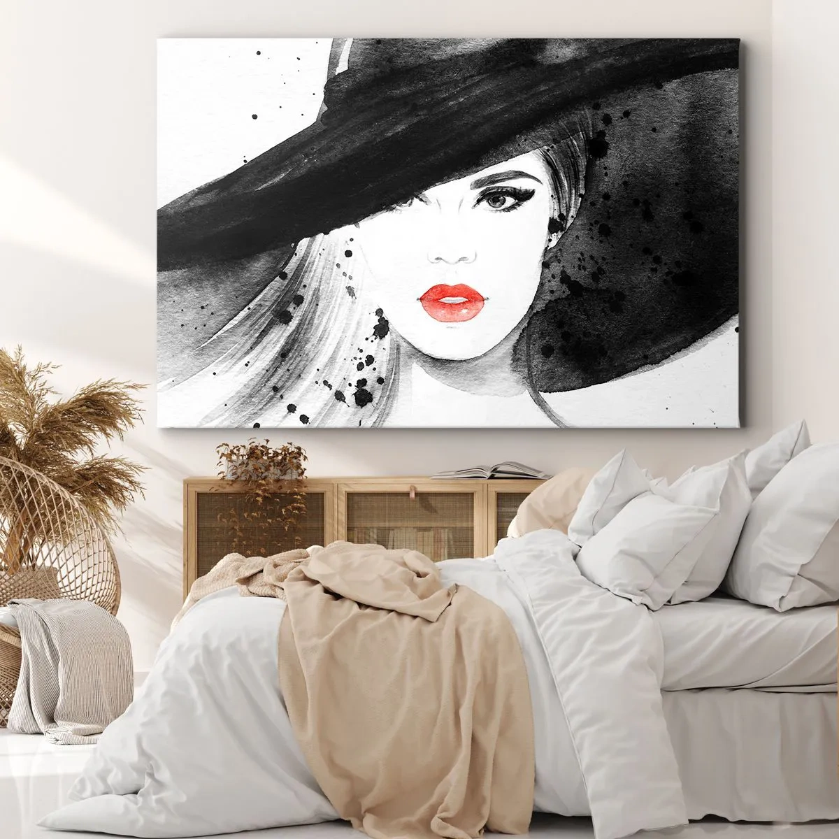 Obraz na plátne - Portrét ženy v klobúku s červenými perami - 70x50cm - Dáma v čiernom - Moderná nástenná dekorácia do obývacej izby a spálne ARTTOR