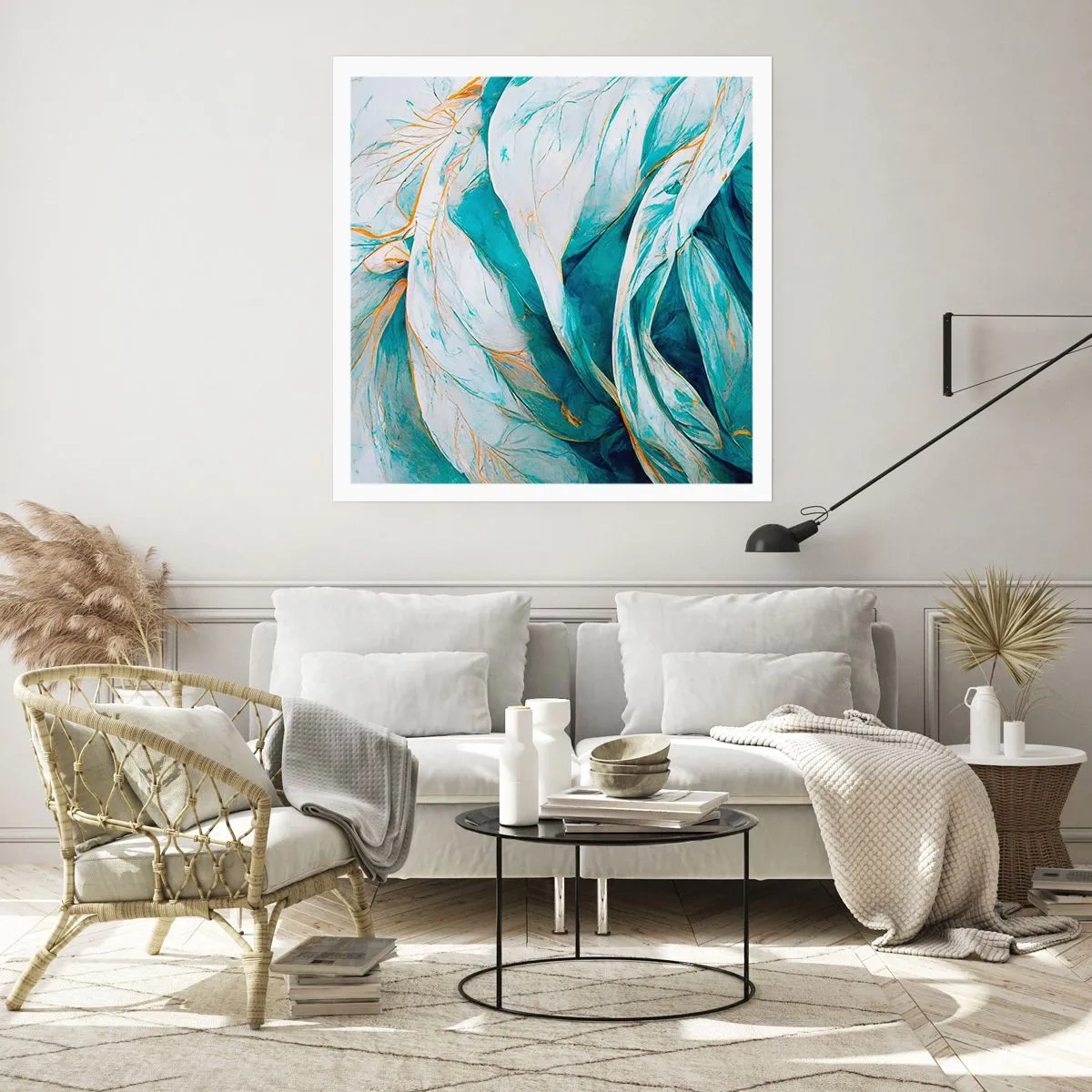 Plagát - Modrá abstrakcia so zlatým motívom - 60x60 cm