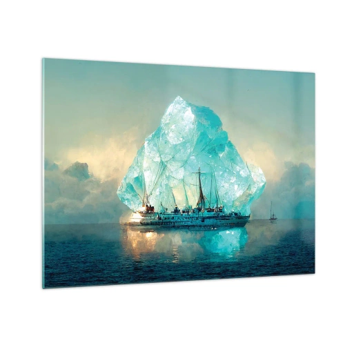 Obraz na skle - Plachetnica pred obrovským ľadovcom v arktickom svetle. - 70x50cm - Arktický briliant - Moderná nástenná dekorácia do obývacej izby a spálne ARTTOR