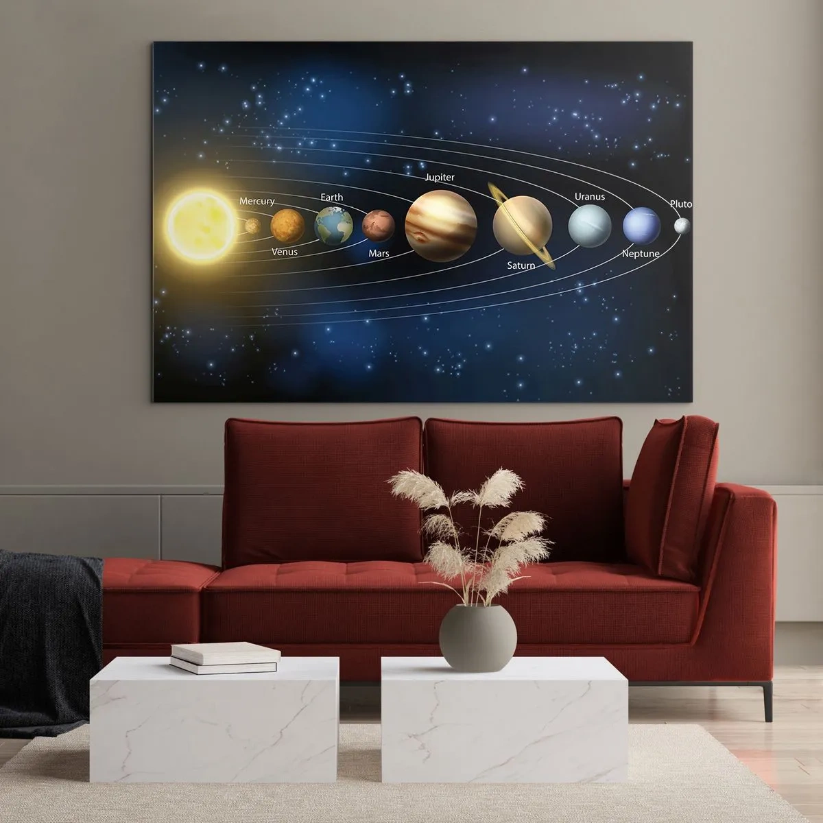 Obraz na skle - Slnečná sústava s planétami a hviezdami v pozadí - 70x50cm - Jedna z desiatich - Moderná nástenná dekorácia do obývacej izby a spálne ARTTOR