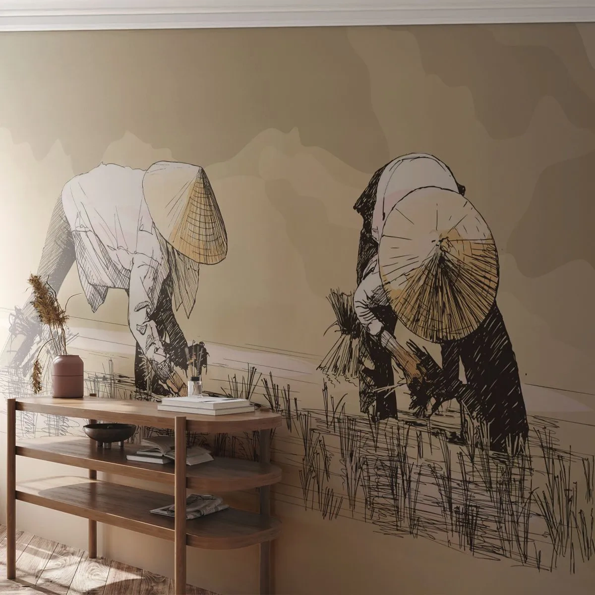 Fototapeta Standard Eco - Kreslená scéna práce na ryžovom poli - 100x70cm - Úspešný zber - Moderná nástenná dekorácia do obývacej izby a spálne ARTTOR