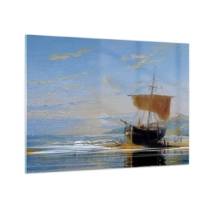 Obraz na skle - Loď s plachtou pri brehu v maliarskom štýle - 70x50cm - Voda, zem, vzduch - Moderná nástenná dekorácia do obývacej izby a spálne ARTTOR