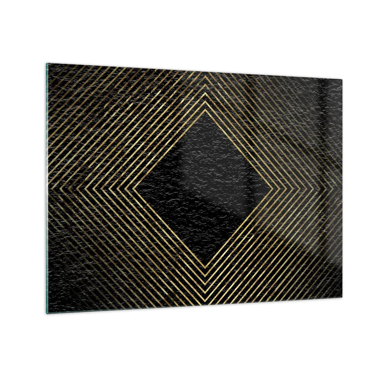 Obraz na skle - Zlatý diamant s geometrickými čiarami na čiernom pozadí - 70x50cm - Geometria v štýle glamour - Moderná nástenná dekorácia do obývacej izby a spálne ARTTOR