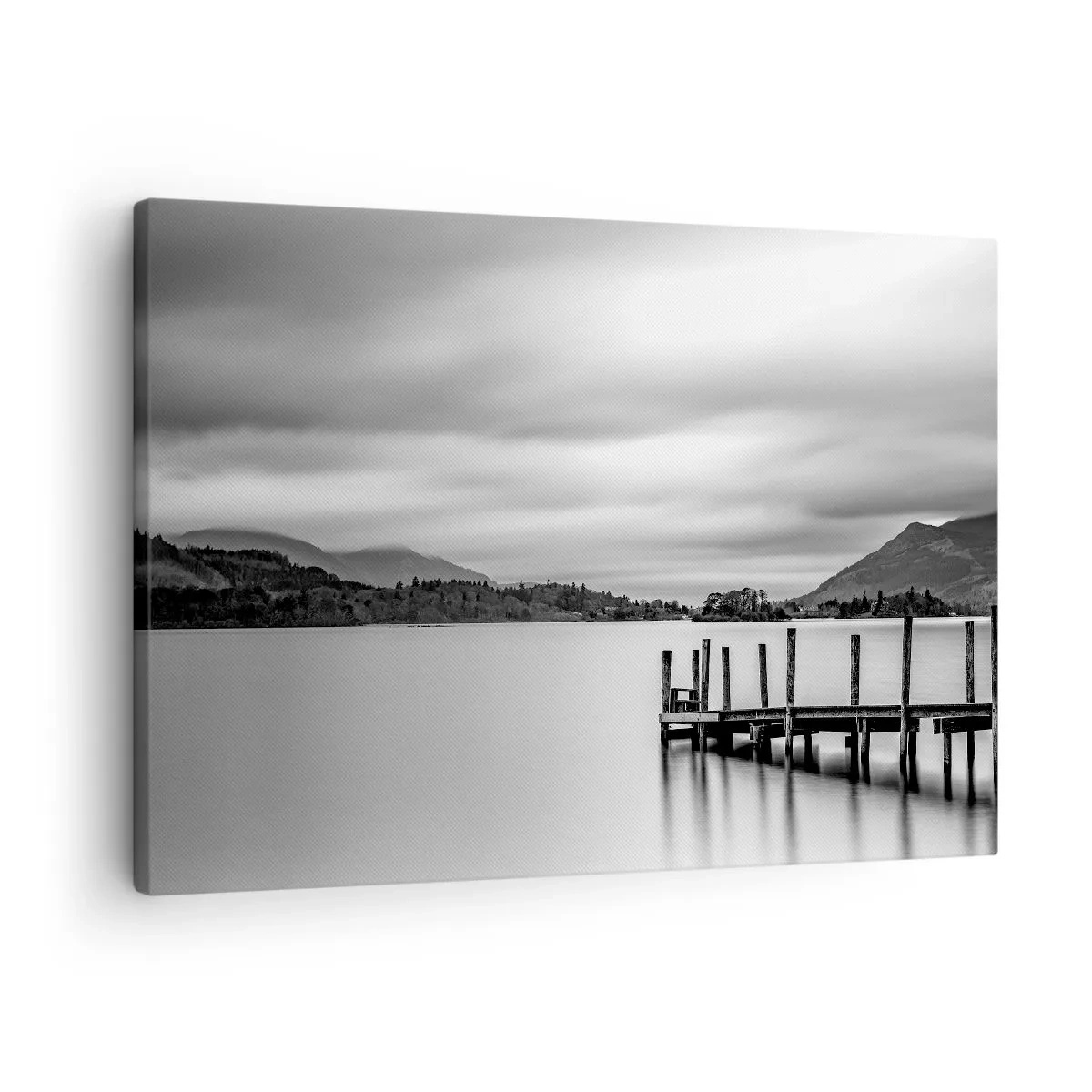 Obraz na plátne - Čiernobiela krajina s mólom nad jazerom - 70x50cm - Jemnosť a sila - Moderná nástenná dekorácia do obývacej izby a spálne ARTTOR
