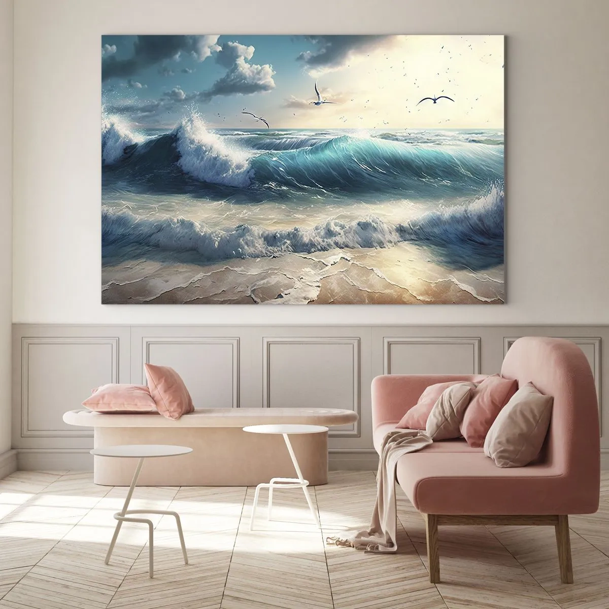 Obraz na skle - Vlny narážajúce na pobrežie v rannom svetle - 70x50cm - Šušťanie len pre teba - Moderná nástenná dekorácia do obývacej izby a spálne ARTTOR