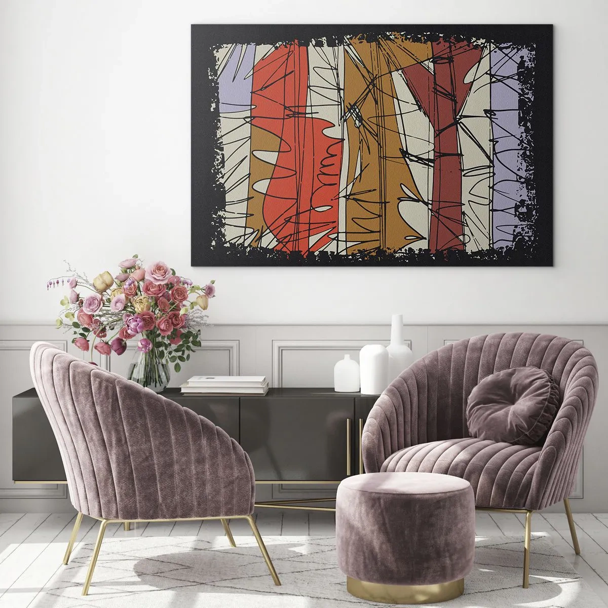 Obraz na skle - Grafická abstrakcia s farebnými pruhmi a čiernymi čiarami - 70x50cm - Spontánna kompozícia - Moderná nástenná dekorácia do obývacej izby a spálne ARTTOR