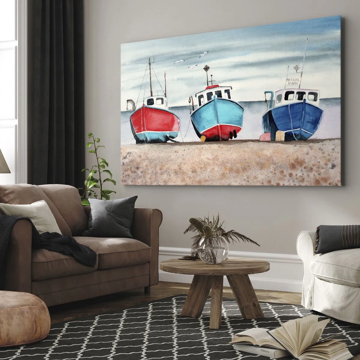 Obraz na plátne - Farebné rybárske lode na brehu v prímorskej krajine - 70x50cm - Pripravené na úlovok - Moderná nástenná dekorácia do obývacej izby a spálne ARTTOR
