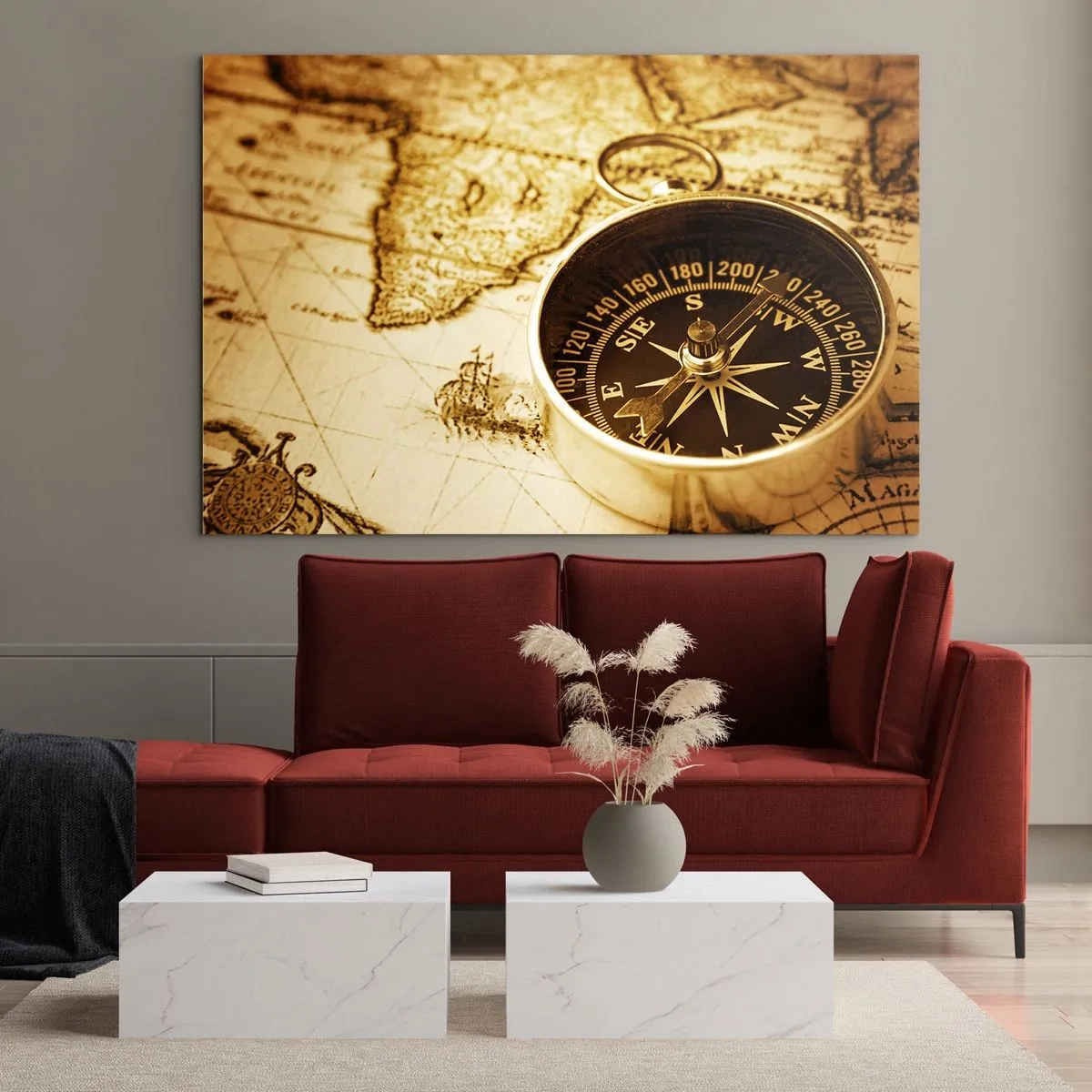 Obraz na skle - Zlatý kompas na pozadí starej mapy - 70x50cm - Na východ alebo na západ? - Moderná nástenná dekorácia do obývacej izby a spálne ARTTOR