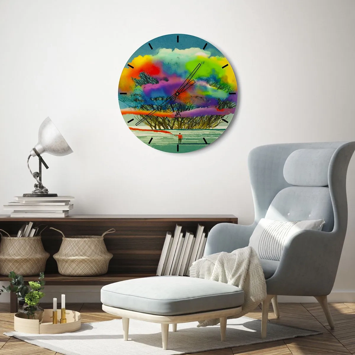 Nástenné hodiny - Postava na pozadí farebných oblakov a siluet stromov - 30x30cm - Oživiť tento svet - Moderná nástenná dekorácia do obývacej izby, kuchyne a spálne ARTTOR