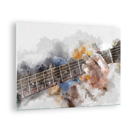 Obraz na skle - Akvarelové motív ruky hrajúcej na gitare - 70x50cm - Poézia medzi strunami - Moderná nástenná dekorácia do obývacej izby a spálne ARTTOR