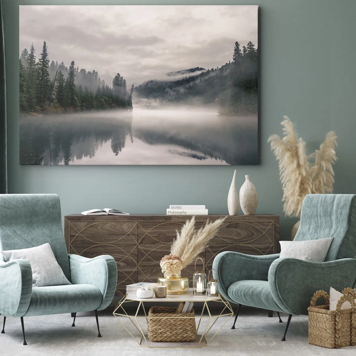 Obraz na plátne - Hmlistý les sa odráža v pokojnom jazere - 70x50cm - V zamyslení, v hmle - Moderná nástenná dekorácia do obývacej izby a spálne ARTTOR