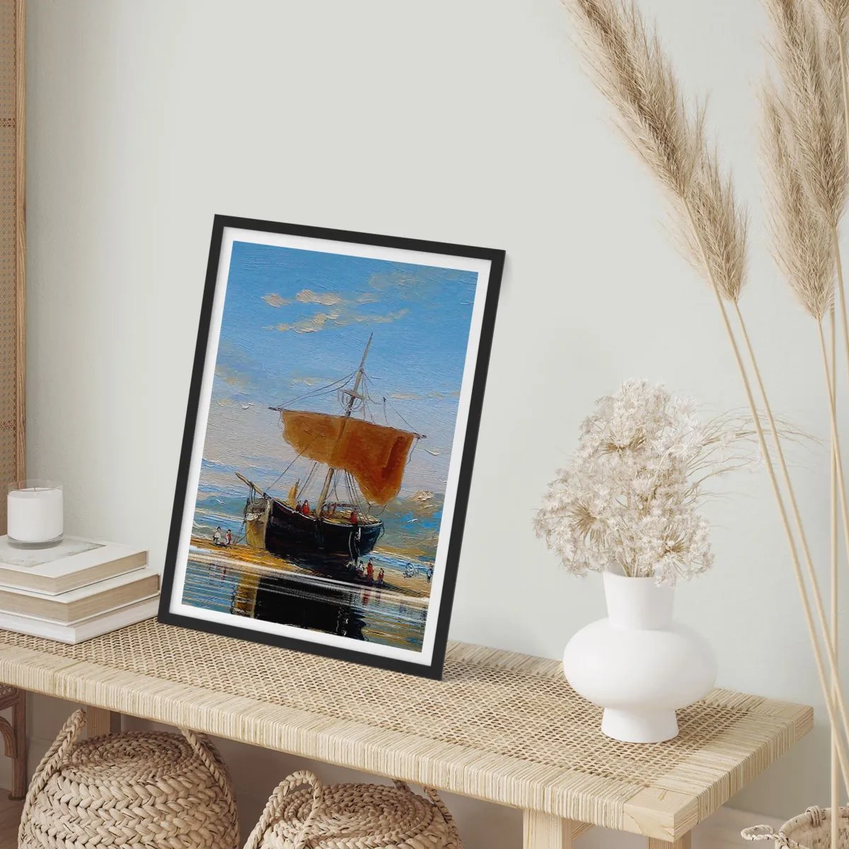 Plagát v čiernom ráme - Tradičná plachetnica na brehu s odrazom vo vode - 50x70cm - Voda, zem, vzduch - Moderná nástenná dekorácia do obývacej izby a spálne ARTTOR