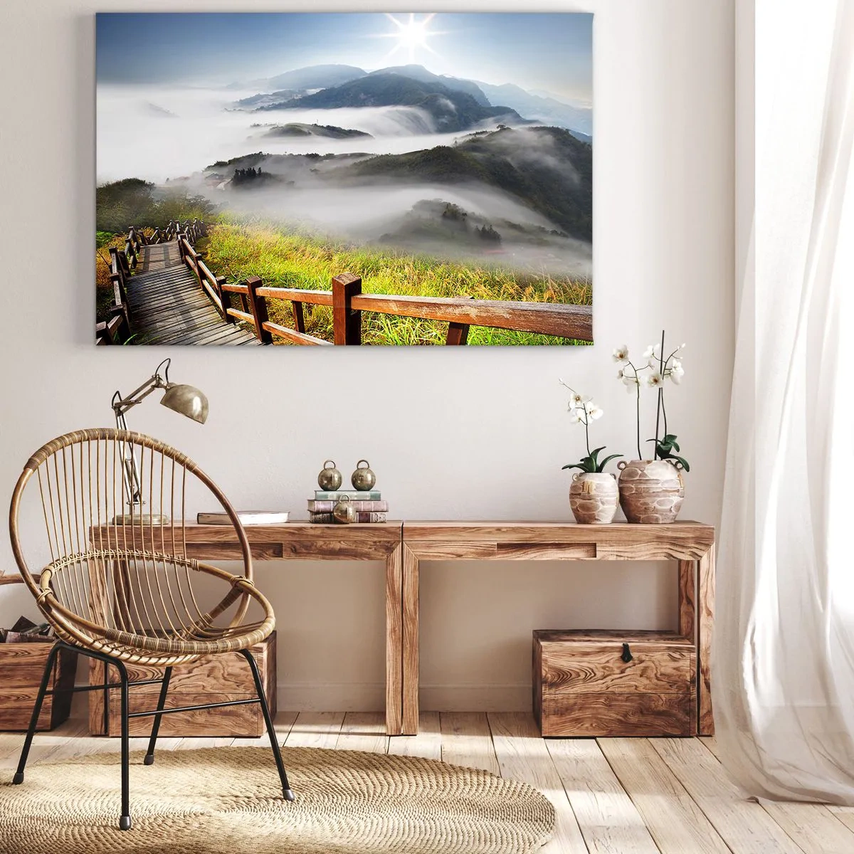 Obraz na plátne - Drevený chodník medzi hmlistými horami ráno - 70x50cm - Utkané zo žiary a hmly - Moderná nástenná dekorácia do obývacej izby a spálne ARTTOR