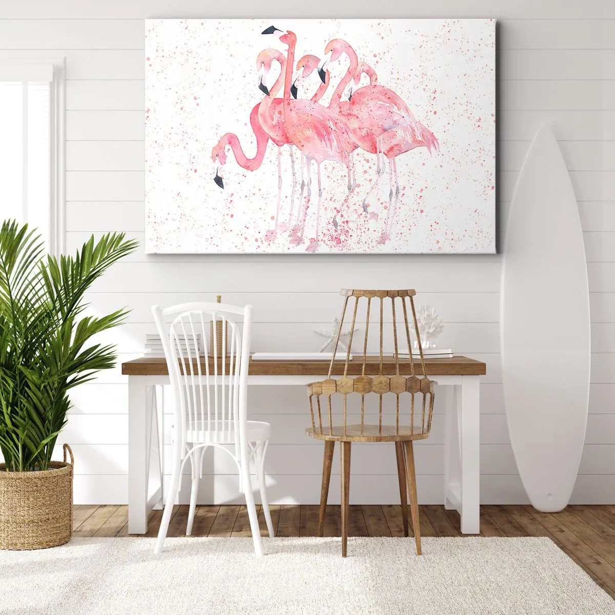Obraz na plátne - Ružové plameniaky v umeleckom akvarelovom štýle - 70x50cm - Ružový ansámbl - Moderná nástenná dekorácia do obývacej izby a spálne ARTTOR