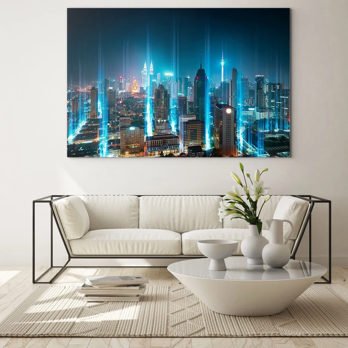 Obraz na skle - Nočné mesto s vysokými budovami a svetelnými pruhmi - 70x50cm - Berlínskym spôsobom do neba - Moderná nástenná dekorácia do obývacej izby a spálne ARTTOR
