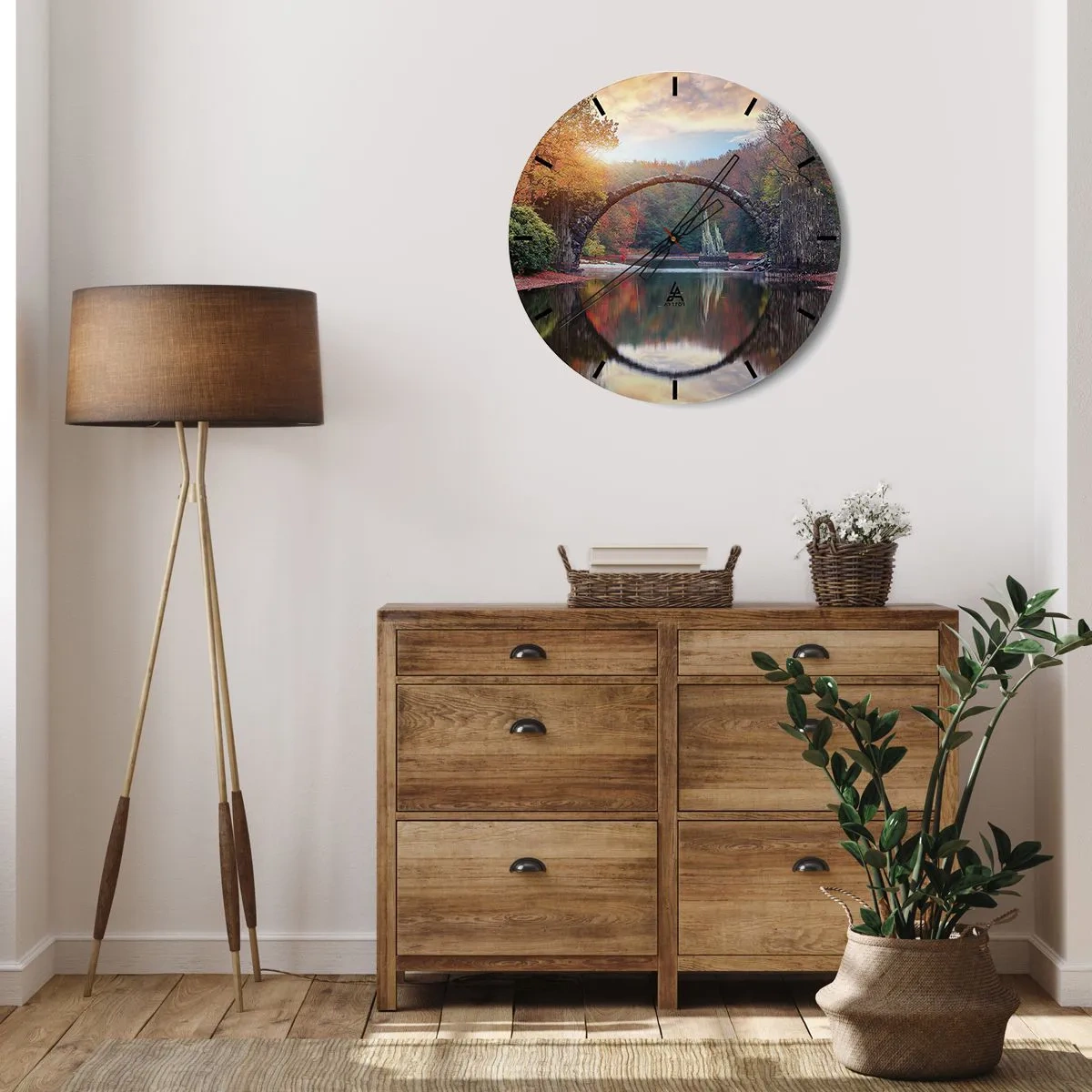 Nástenné hodiny - Kamenný oblúkový most odrážajúci sa vo vode vytvára kruh - 30x30cm - Za zrkadlom - Moderná nástenná dekorácia do obývacej izby, kuchyne a spálne ARTTOR