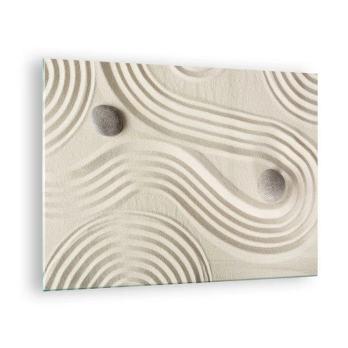Obraz na skle - Minimalistický piesok s kamienkami a geometrickými vzormi - 70x50cm - Dotyk tepla - Moderná nástenná dekorácia do obývacej izby a spálne ARTTOR