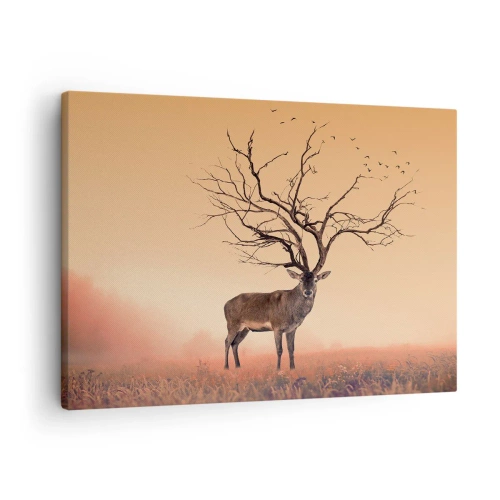 Obraz na plátne - Elegantná grafika jeleňa s konármi namiesto parohov - 70x50cm - Prajelen - večný duch lesa - Moderná nástenná dekorácia do obývacej izby a spálne ARTTOR