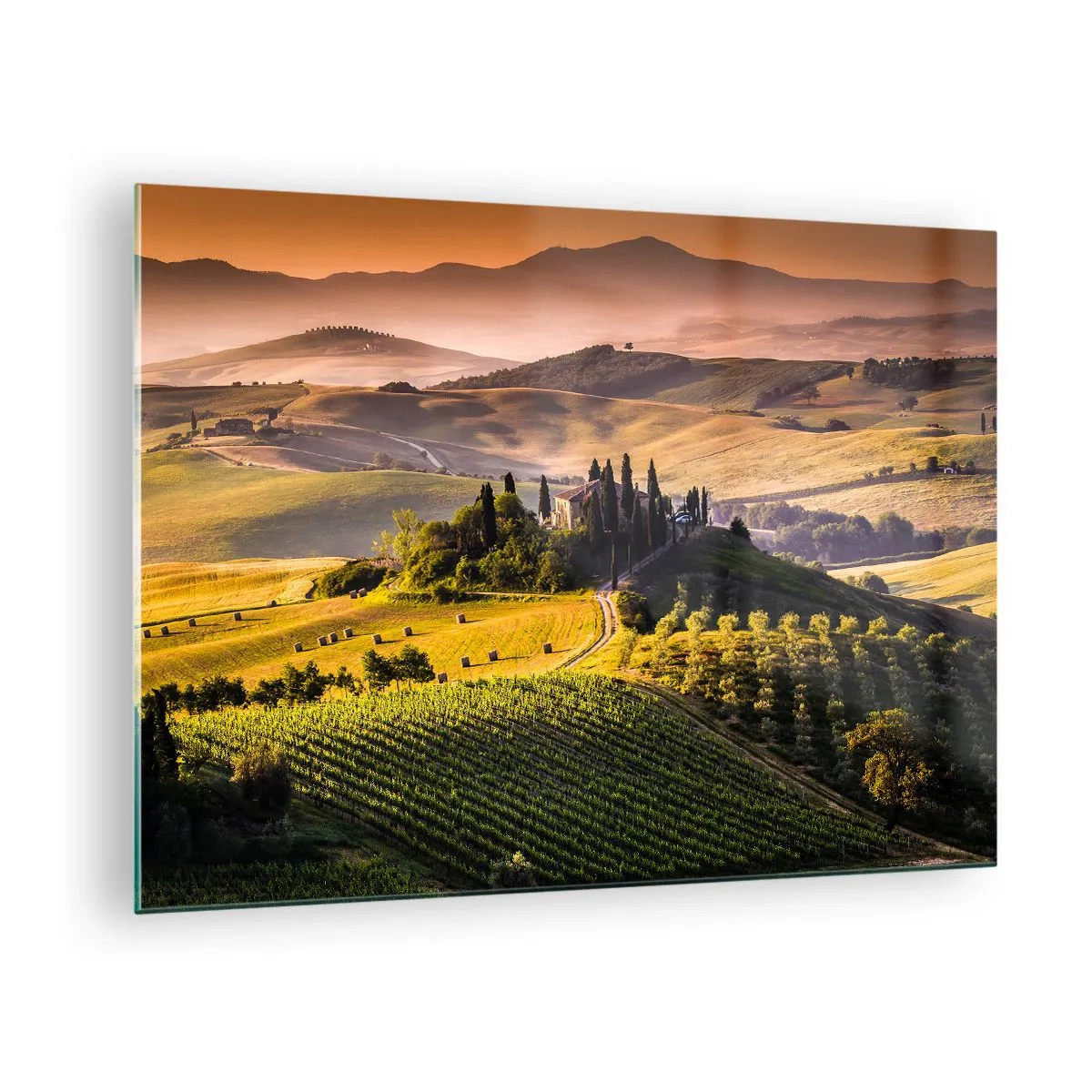 Obraz na skle - Toskánska krajina pri východe slnka - 70x50cm - Arkádia - toskánska krajina - Moderná nástenná dekorácia do obývacej izby a spálne ARTTOR