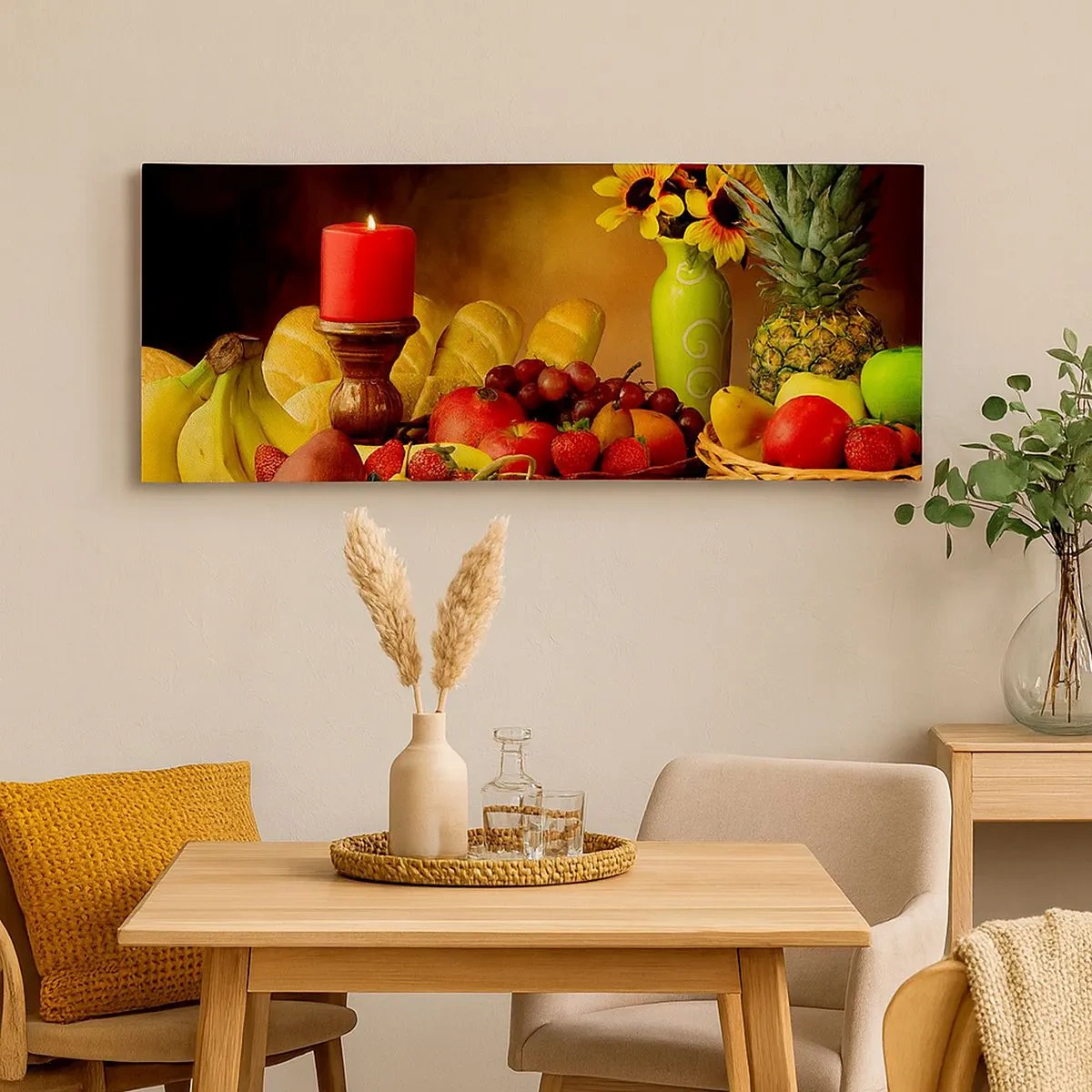Obraz na plátne - Zátišie s pečivom a ovocím - 100x40 cm