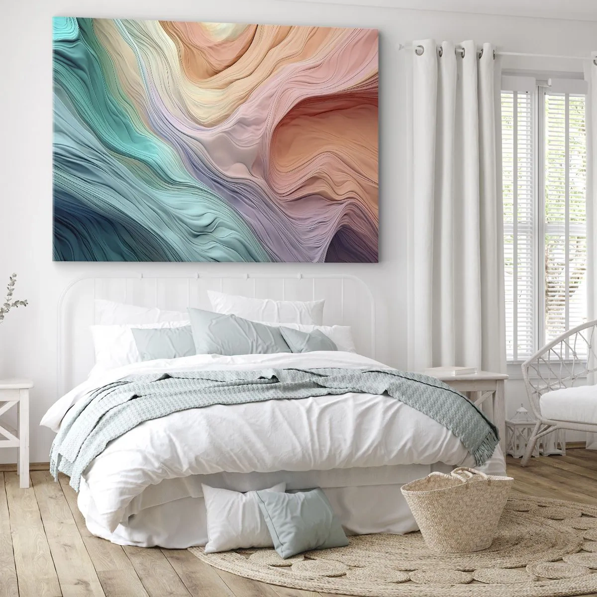 Obraz na plátne - Abstraktné vlny v pastelových a dúhových farbách - 70x50cm - Dúhová vlna - Moderná nástenná dekorácia do obývacej izby a spálne ARTTOR