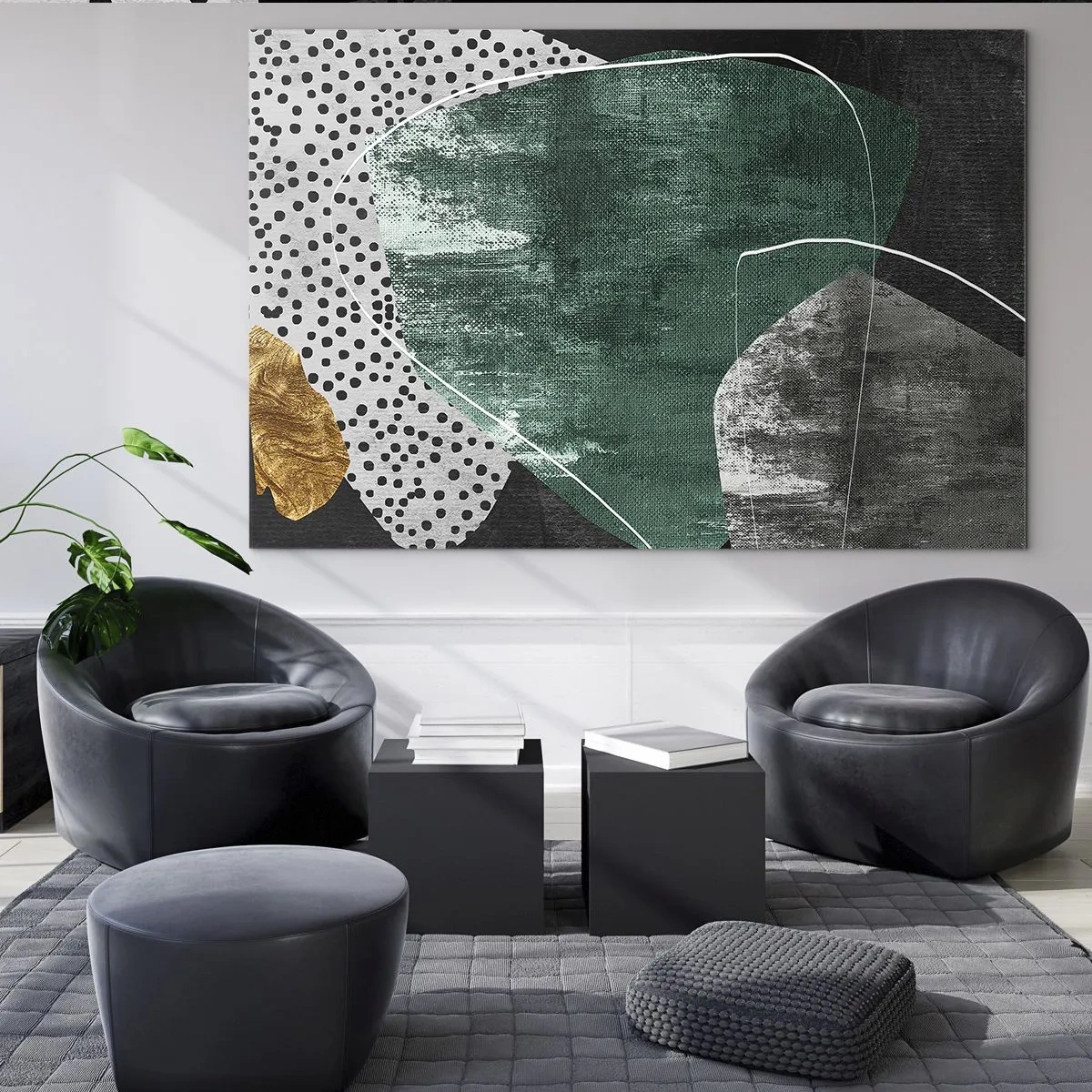 Obraz na skle - Zelené formy s čiernym pozadím a zlatým akcentom - 70x50cm - Farebná abstrakcia so zlatou vločkou - Moderná nástenná dekorácia do obývacej izby a spálne ARTTOR