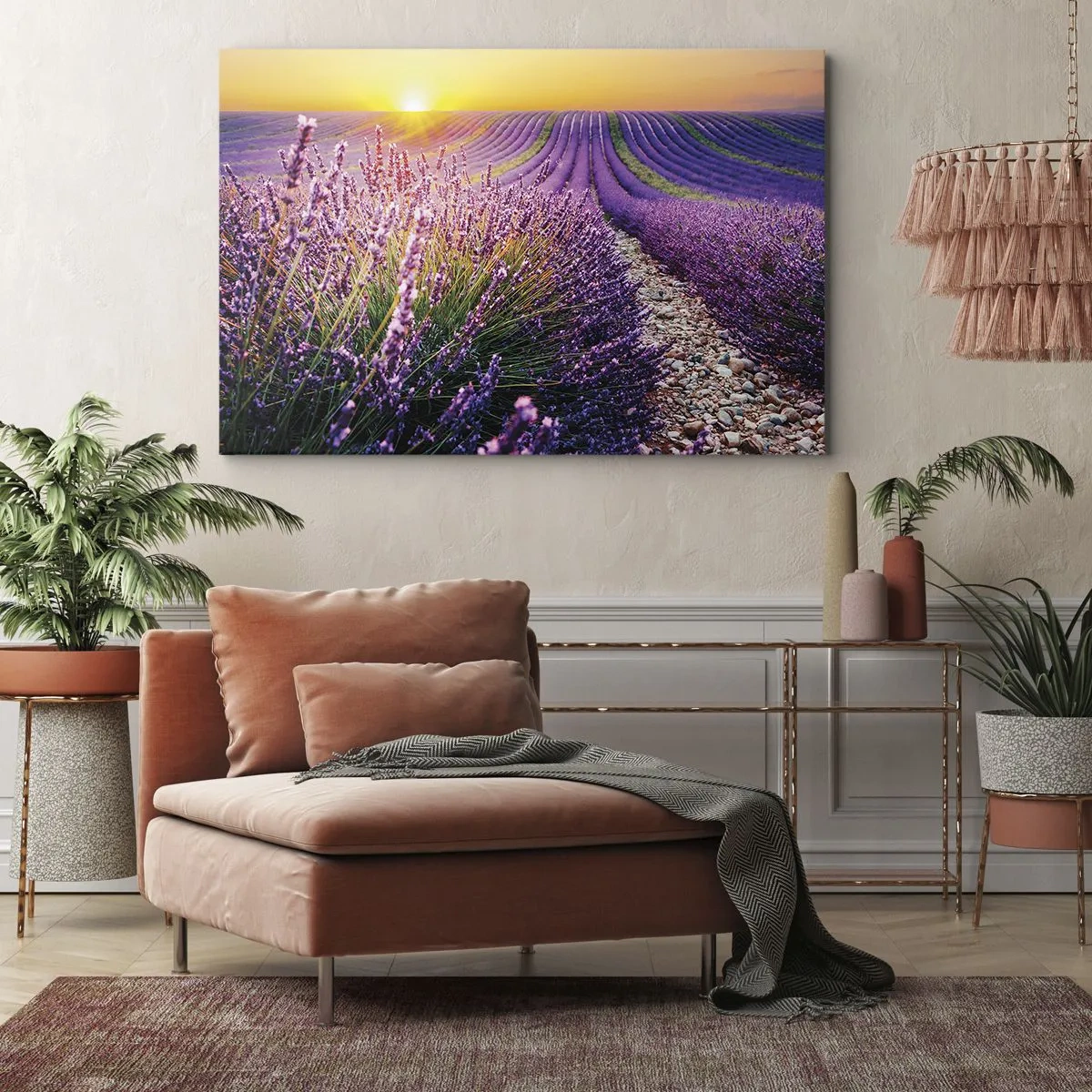 Obraz na plátne - Levanduľové pole pri západe slnka - 70x50cm - Voňavý lán - Moderná nástenná dekorácia do obývacej izby a spálne ARTTOR