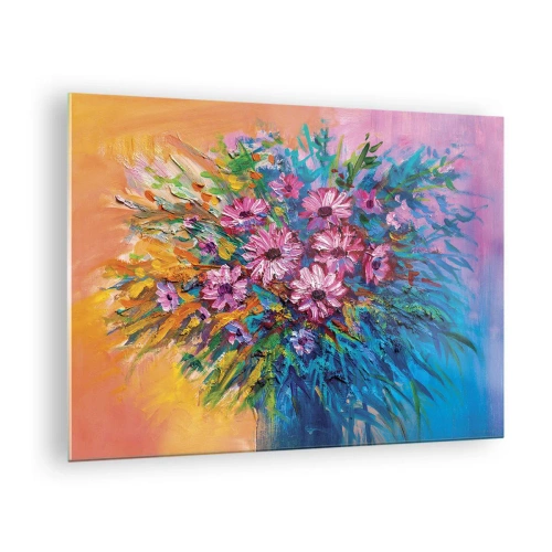 Obraz na skle - Kytica ružových kvetov v umeleckej, farebnej kompozícii - 70x50cm - Energia života - Moderná nástenná dekorácia do obývacej izby a spálne ARTTOR