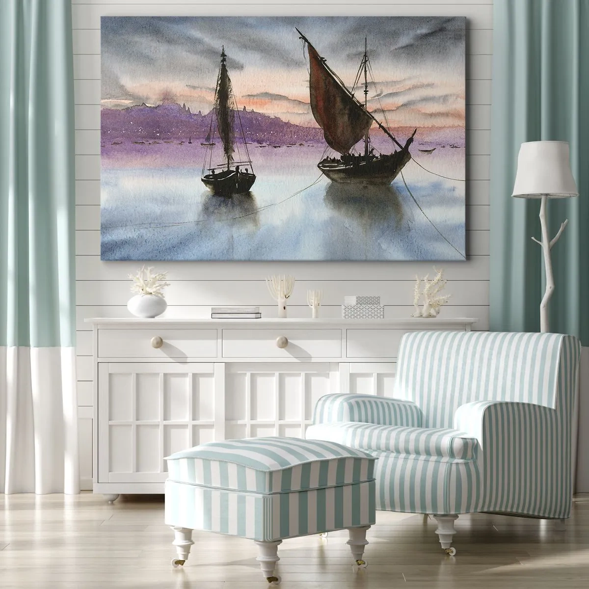 Obraz na plátne - Dve plachetnice kotviace na pokojnej vode za súmraku - 70x50cm - Večer v prístave - Moderná nástenná dekorácia do obývacej izby a spálne ARTTOR