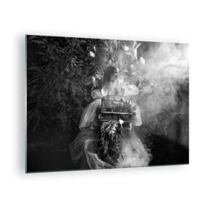 Obraz na skle - Žena v tylových šatách s klietkovým vzorom a s rastlinnou korunou v čiernobielej farbe - 70x50cm - Matka Príroda - Moderná nástenná dekorácia do obývacej izby a spálne ARTTOR