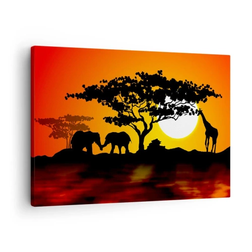 Obraz na plátne - Africký západ slnka so siluetami slonov a žiráf nad vodou - 70x50cm - Stretnutie na savane - Moderná nástenná dekorácia do obývacej izby a spálne ARTTOR
