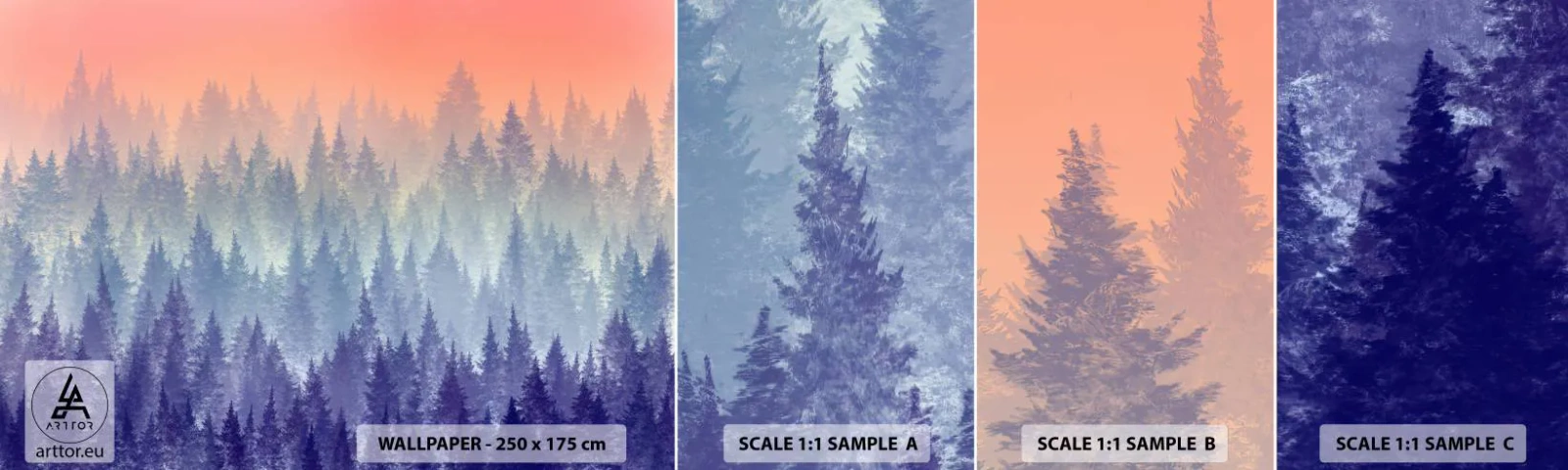 Vzorka samolepiacej fototapety Deluxe Sticker - Vysoko, vyššie, do neba - Abstrakcia, les, Kus - 100x30 cm