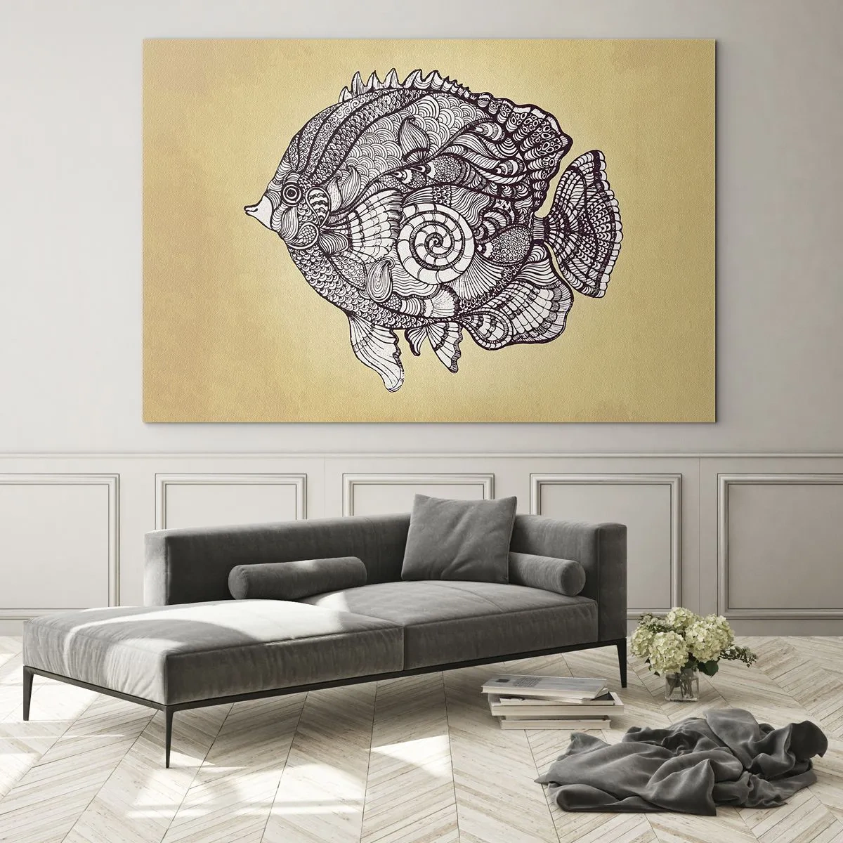 Obraz na skle - Kreslená ryba s ornamentami na béžovom pozadí - 70x50cm - Z oceánu ornamentov - Moderná nástenná dekorácia do obývacej izby a spálne ARTTOR