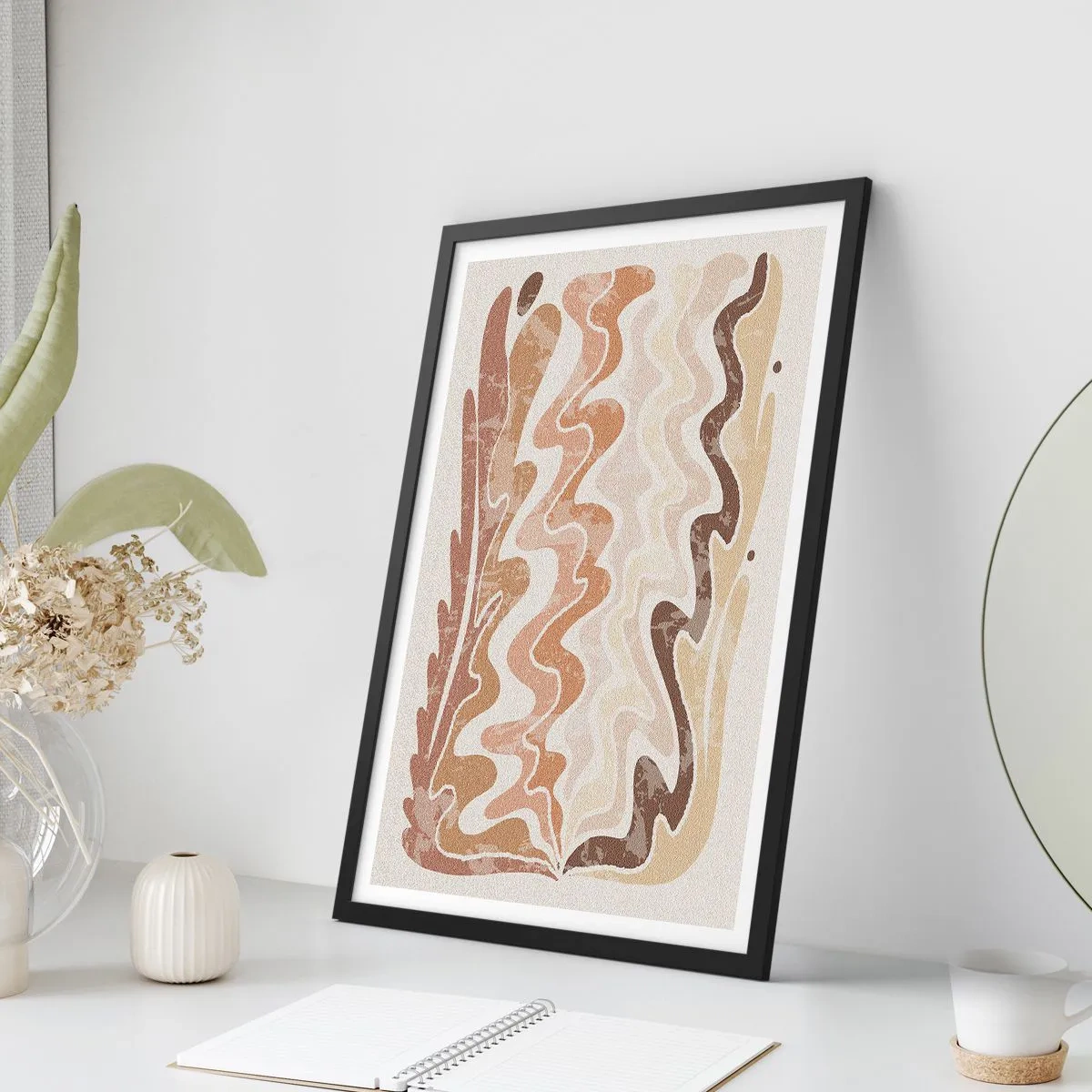 Plagát v čiernom ráme - Abstraktná kompozícia v teplých odtieňoch béžovej. - 50x70cm - Dobrá energia – dobré emócie - Moderná nástenná dekorácia do obývacej izby a spálne ARTTOR
