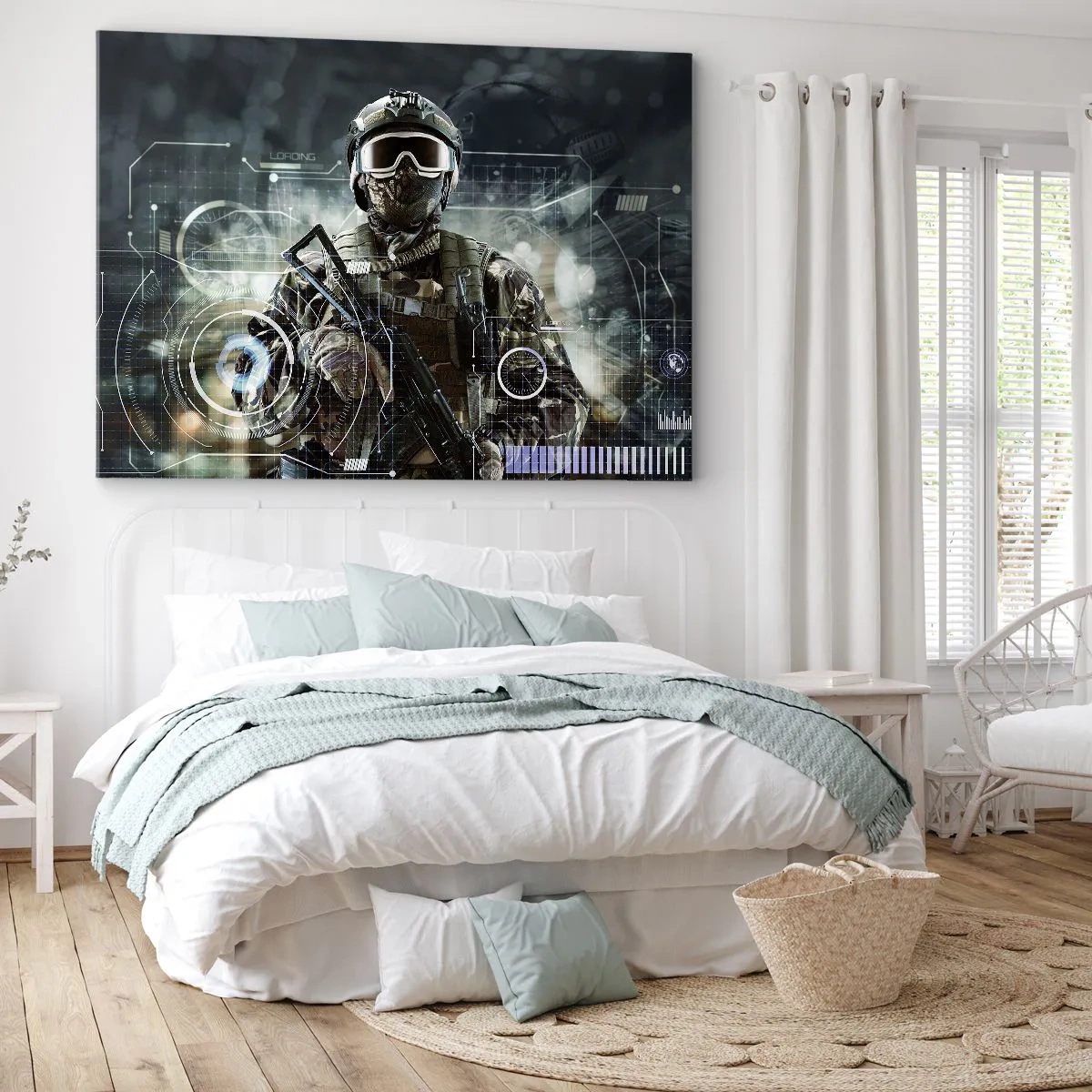 Obraz na plátne - Vojak vo futuristickej prilbe so zbraňou v pozadí technológie. - 70x50cm - Ešte väčšia sila - Moderná nástenná dekorácia do obývacej izby a spálne ARTTOR