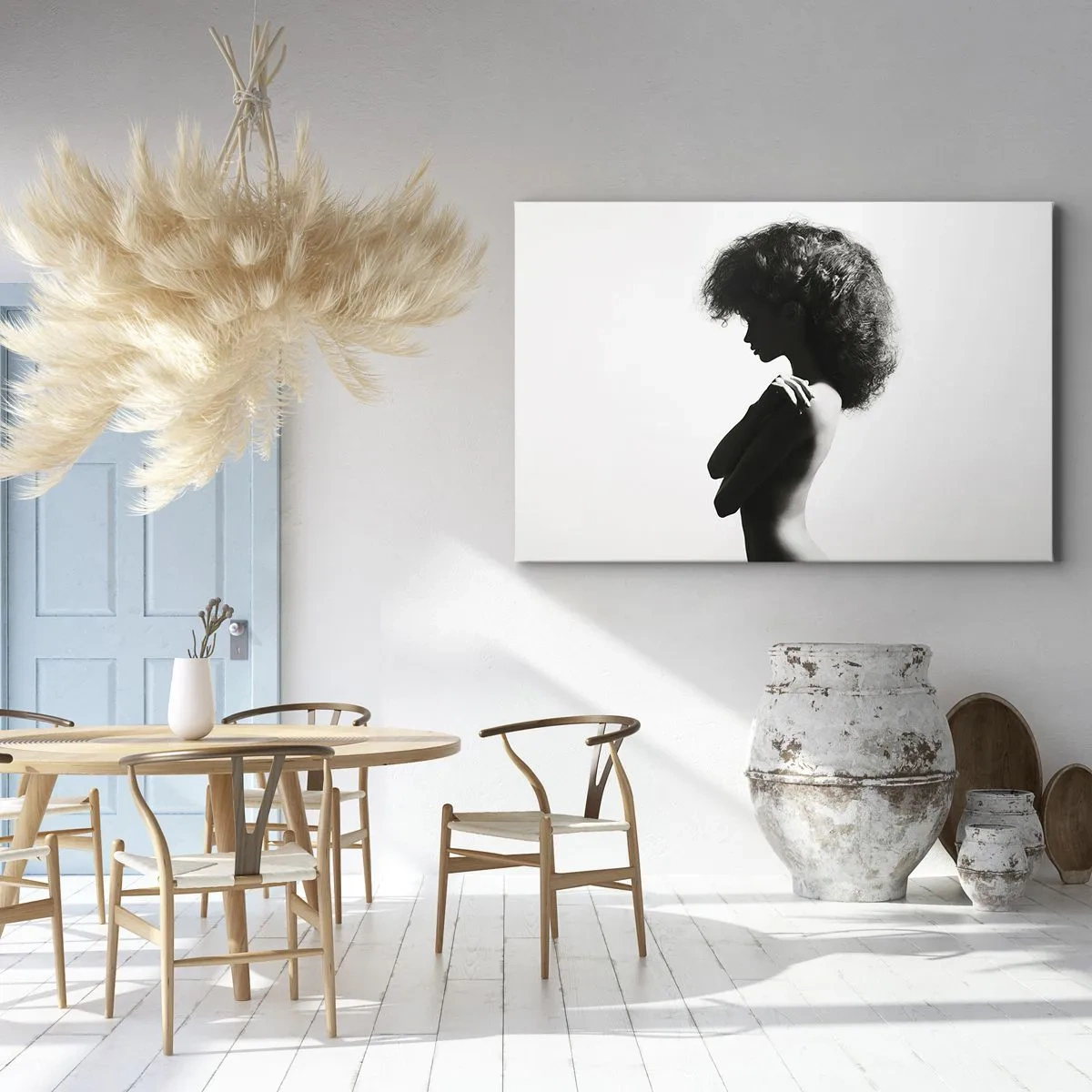 Obraz na plátne - Jemná silueta ženy v čiernobielych odtieňoch na svetlom pozadí - 70x50cm - Ako kvetina na štíhlej stonke - Moderná nástenná dekorácia do obývacej izby a spálne ARTTOR