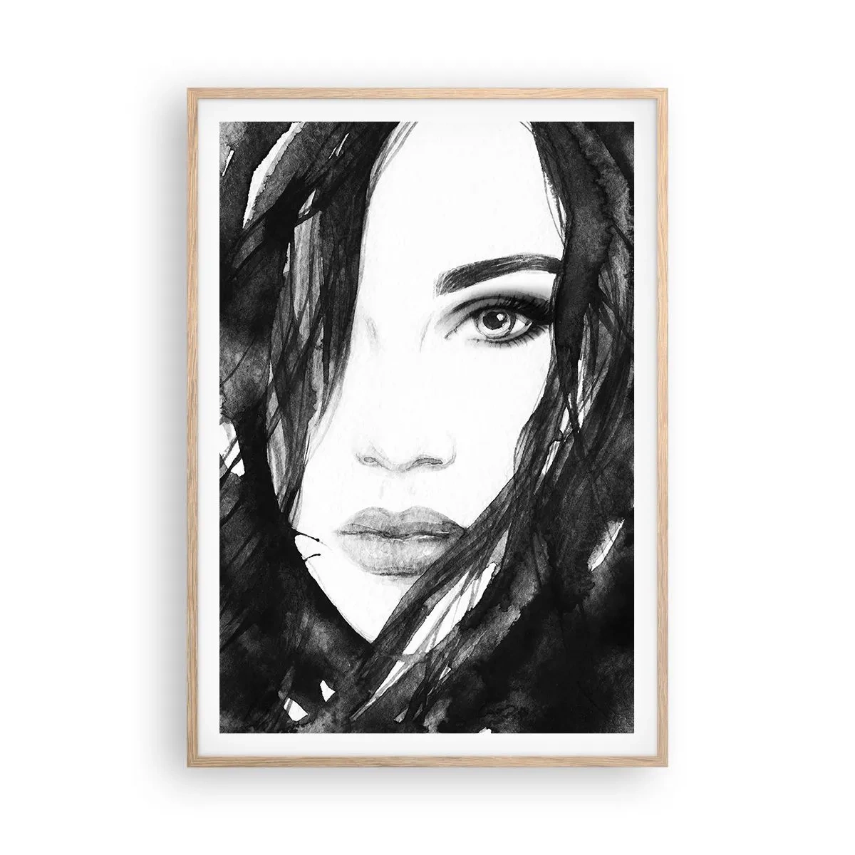 Plagát v ráme zo svetlého duba - Portrét dámy v čiernej a bielej - 70x100 cm