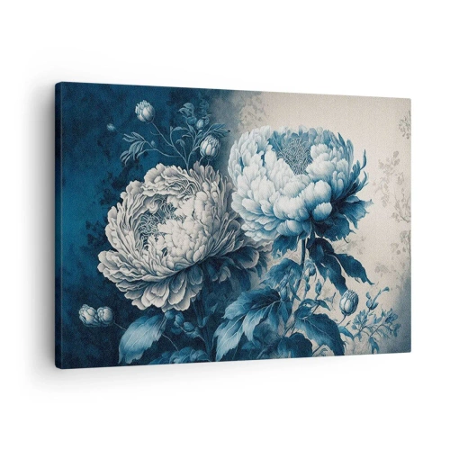 Obraz na plátne - Modré pivonky na jemnom pozadí s jemným vzorom - 70x50cm - Zhodný pár - Moderná nástenná dekorácia do obývacej izby a spálne ARTTOR